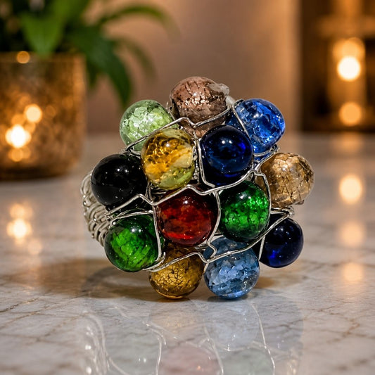Handmade Multi Color Beaded Wire Wrap Cluster Ring