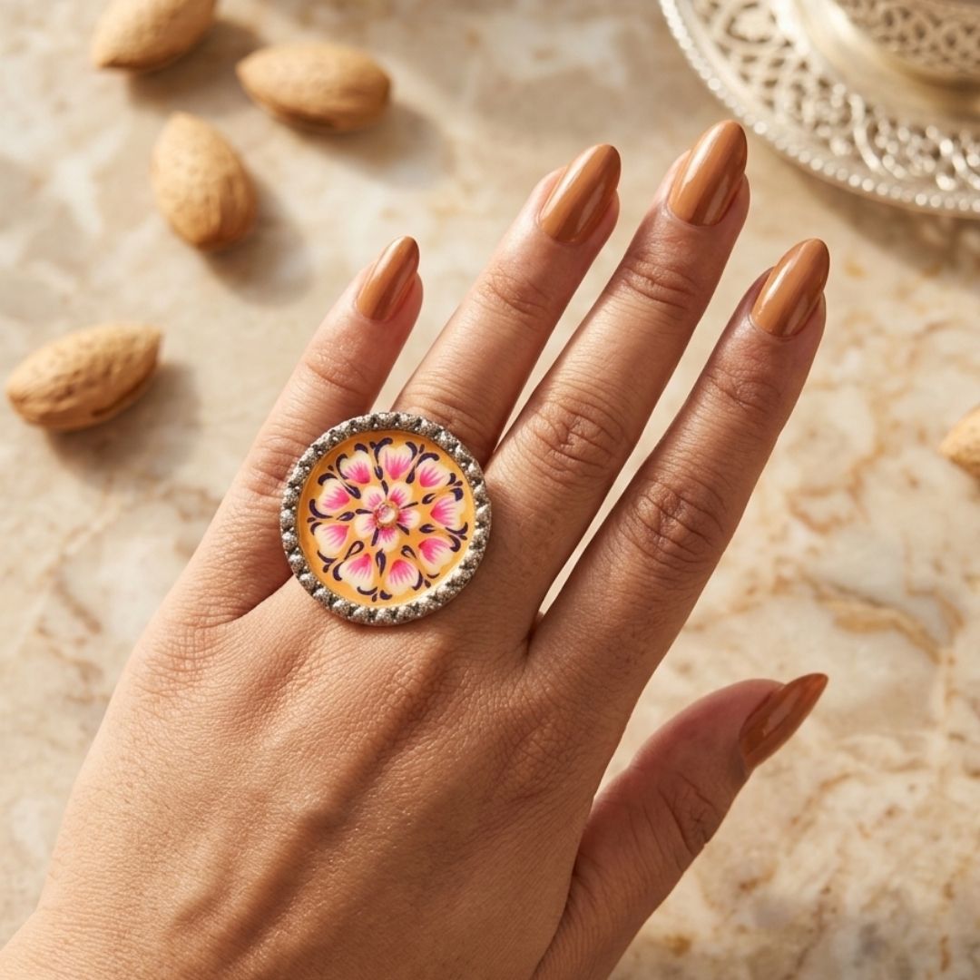 Elegant Meenakari Orange Floral Silver Adjustable Finger Ring