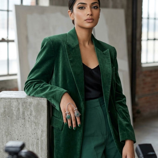 Oxidized German Silver Kashmiri-Style Green Stone Chain Hand Harness Ring