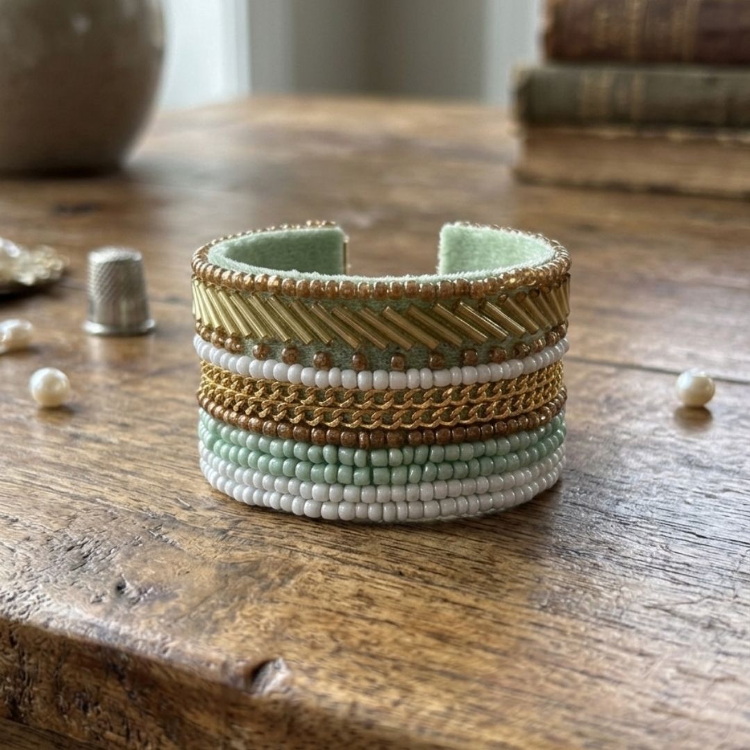 Mint & Gold Beaded Statement Cuff Bracelet