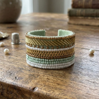 Mint & Gold Beaded Statement Cuff Bracelet