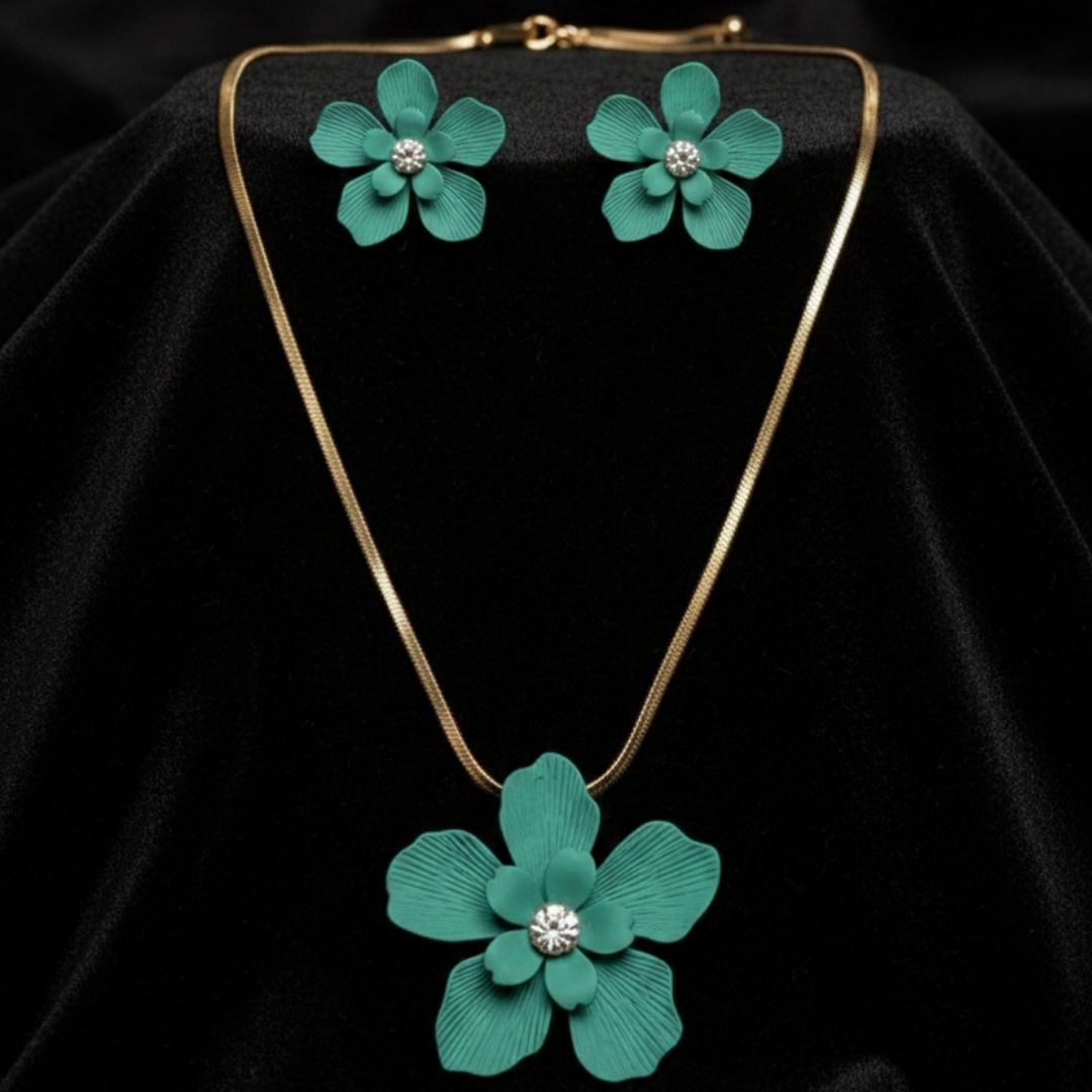 Green Floral Necklace & Earring Set