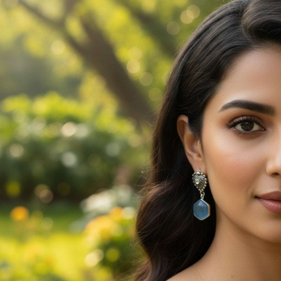 Antique Silver Heart & Aqua Drop Earrings