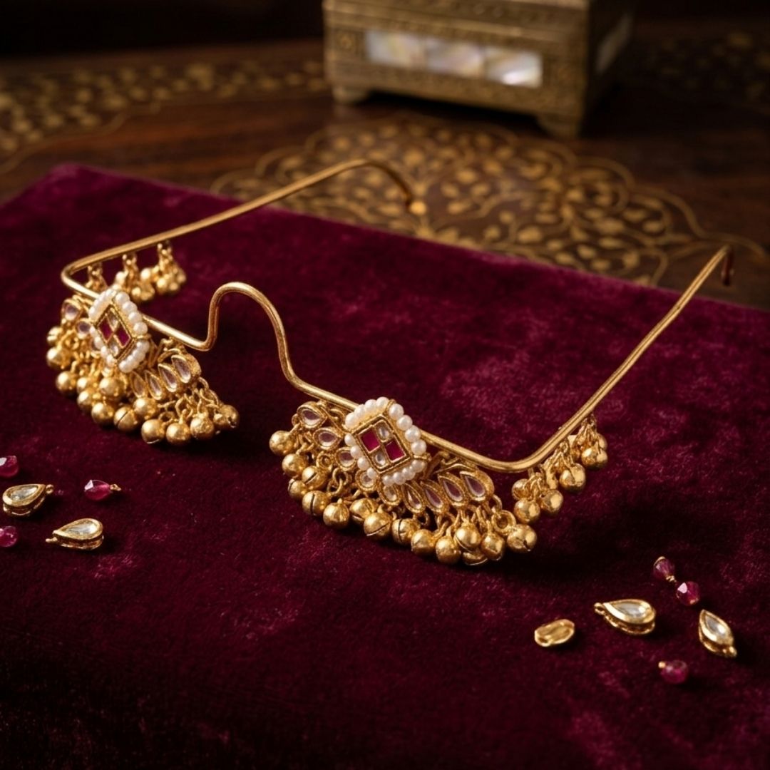 Traditional Brass Kundan Pearl Chandbali Hair Accessory with Ghungroo Facelet