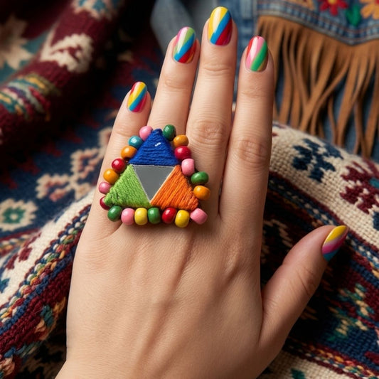 Handmade Multicolor Thread & Mirror Work Statement Ring