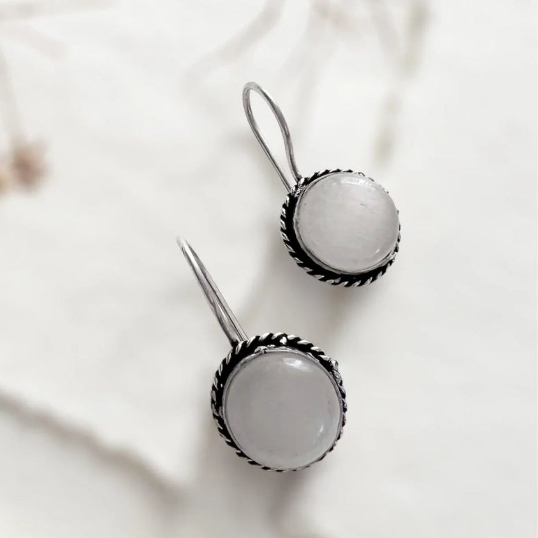 White Cat’s Eye Stone Drop Earrings – Vintage Silver-Tone Dangle Earrings