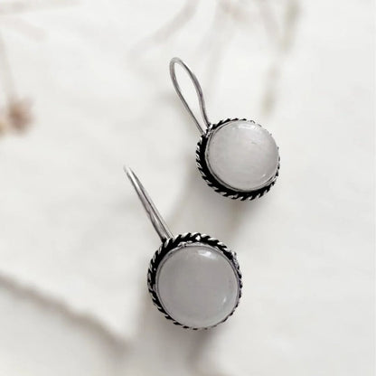 White Cat’s Eye Stone Drop Earrings – Vintage Silver-Tone Dangle Earrings