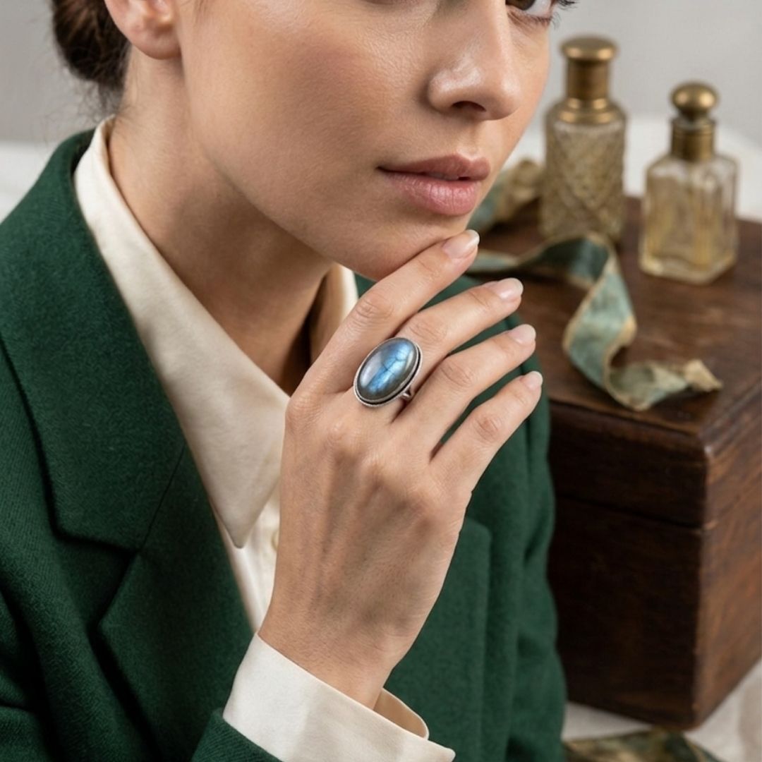 Oxidised Oval Labradorite Sterling Silver Ring