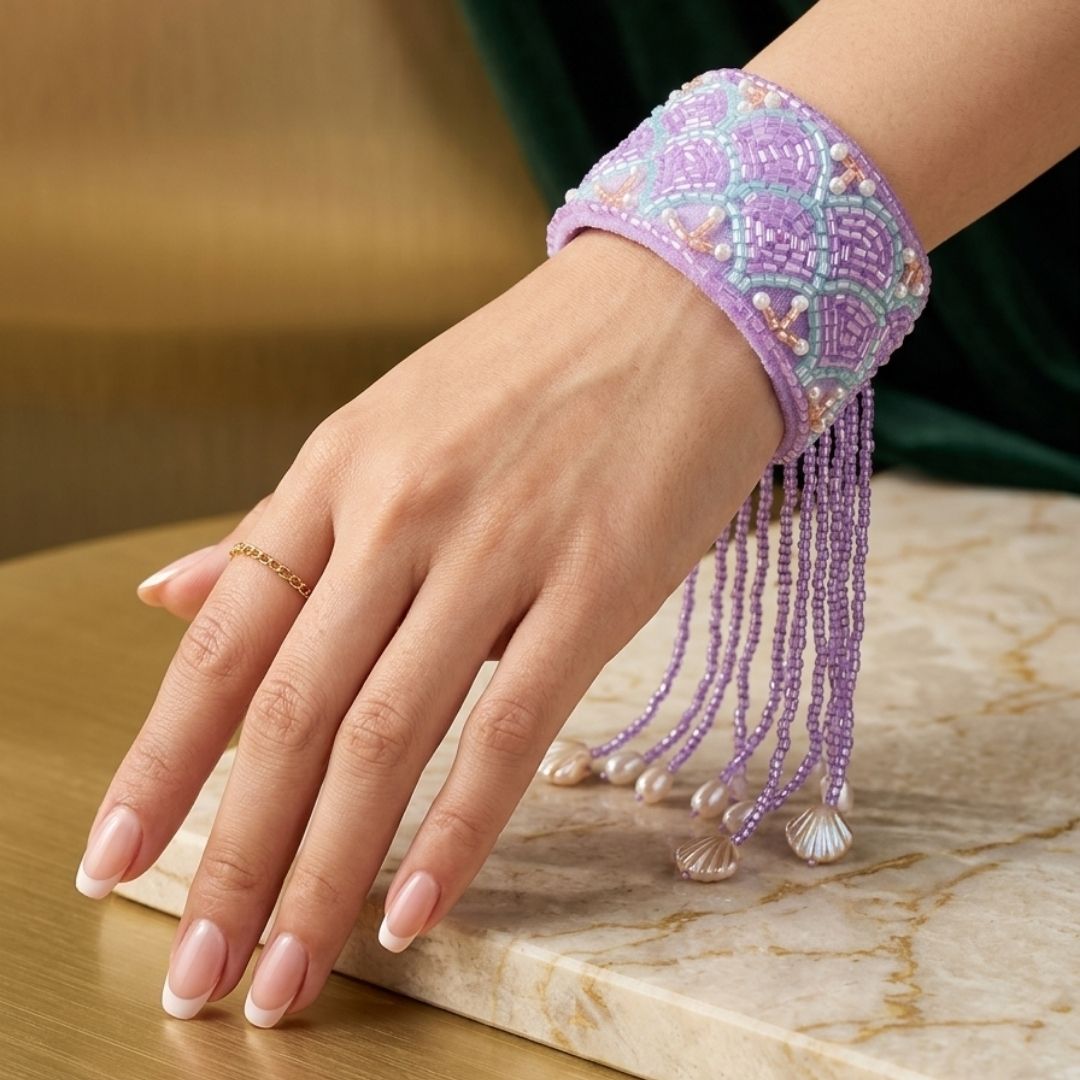 Handmade Lavender Velvet Beaded Cuff Bracelet with Pearl Accents & Fringe