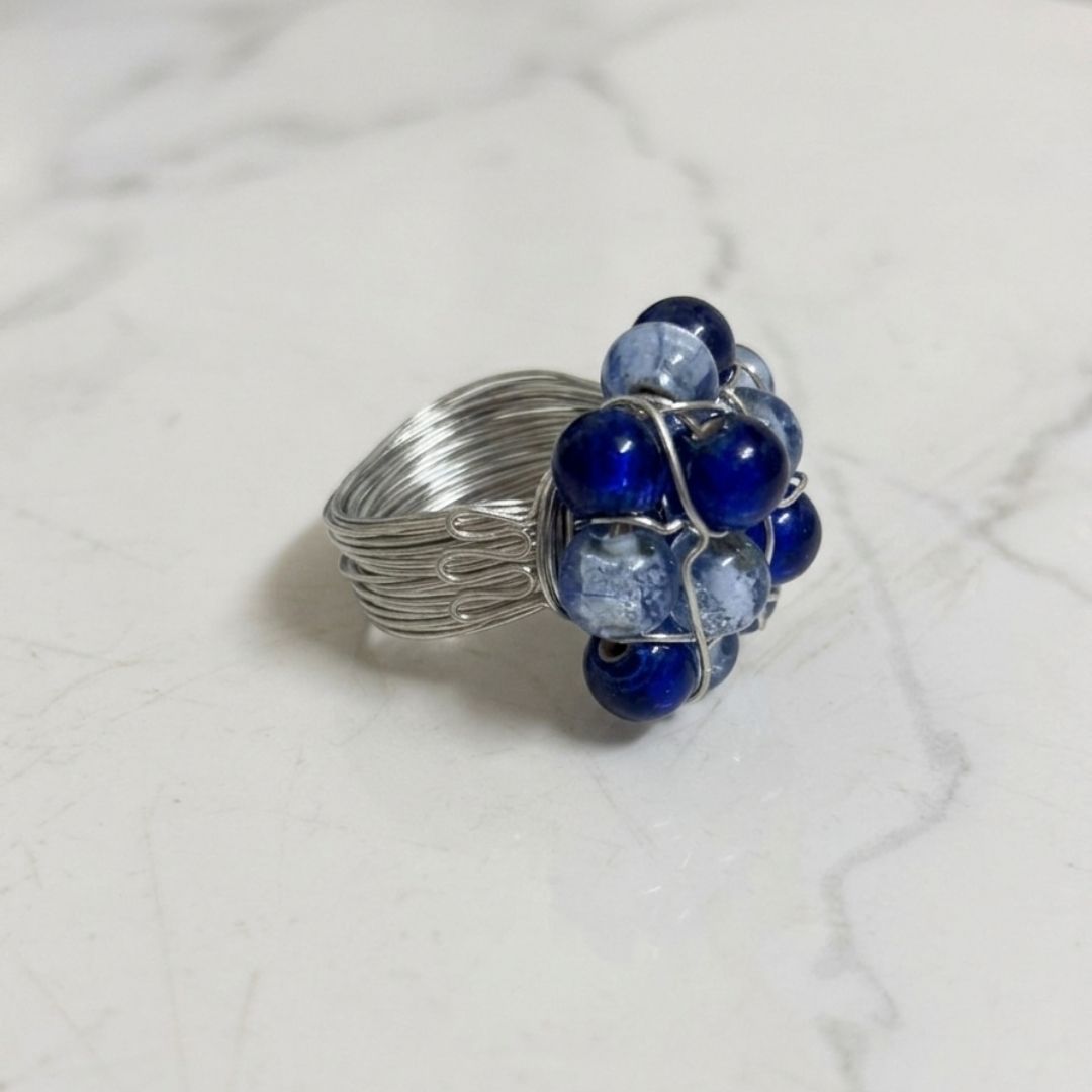 Handmade Blue Beaded Wire Wrap Cluster Ring