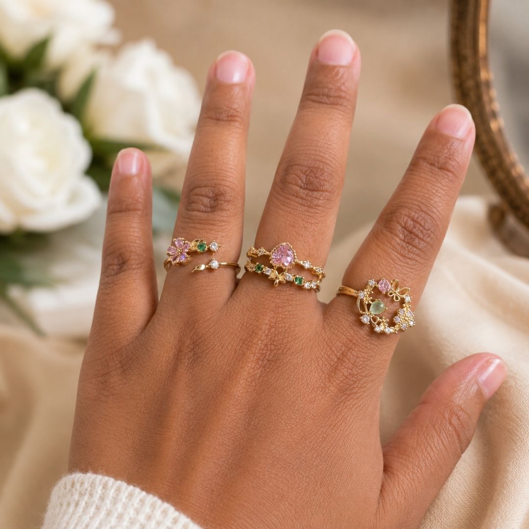 Enchanted Butterfly Floral Crystal Open Ring