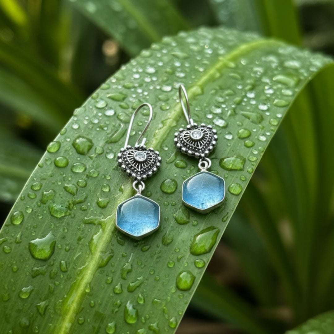 Antique Silver Heart & Aqua Drop Earrings