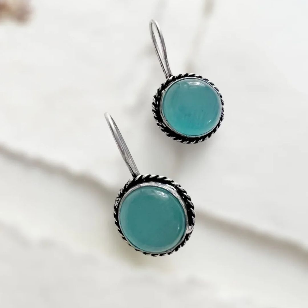 Handcrafted Aqua Blue Cabochon Stone Silver-Tone Dangle Earrings