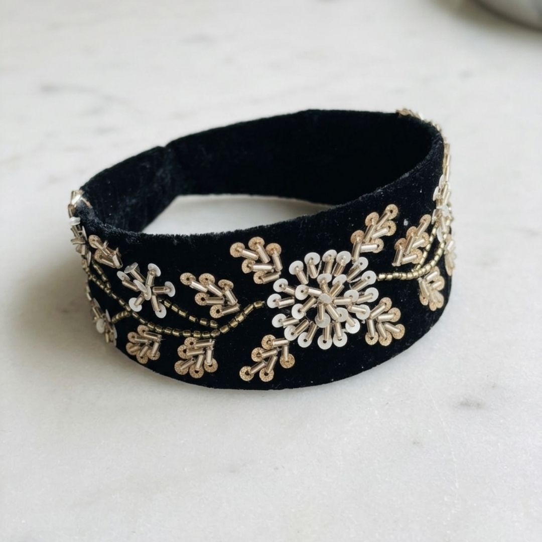 Handmade Premium Velvet Hairband with Floral Sequin & Bead Embellishment