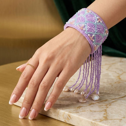 Handmade Lavender Velvet Beaded Cuff Bracelet with Pearl Accents & Fringe