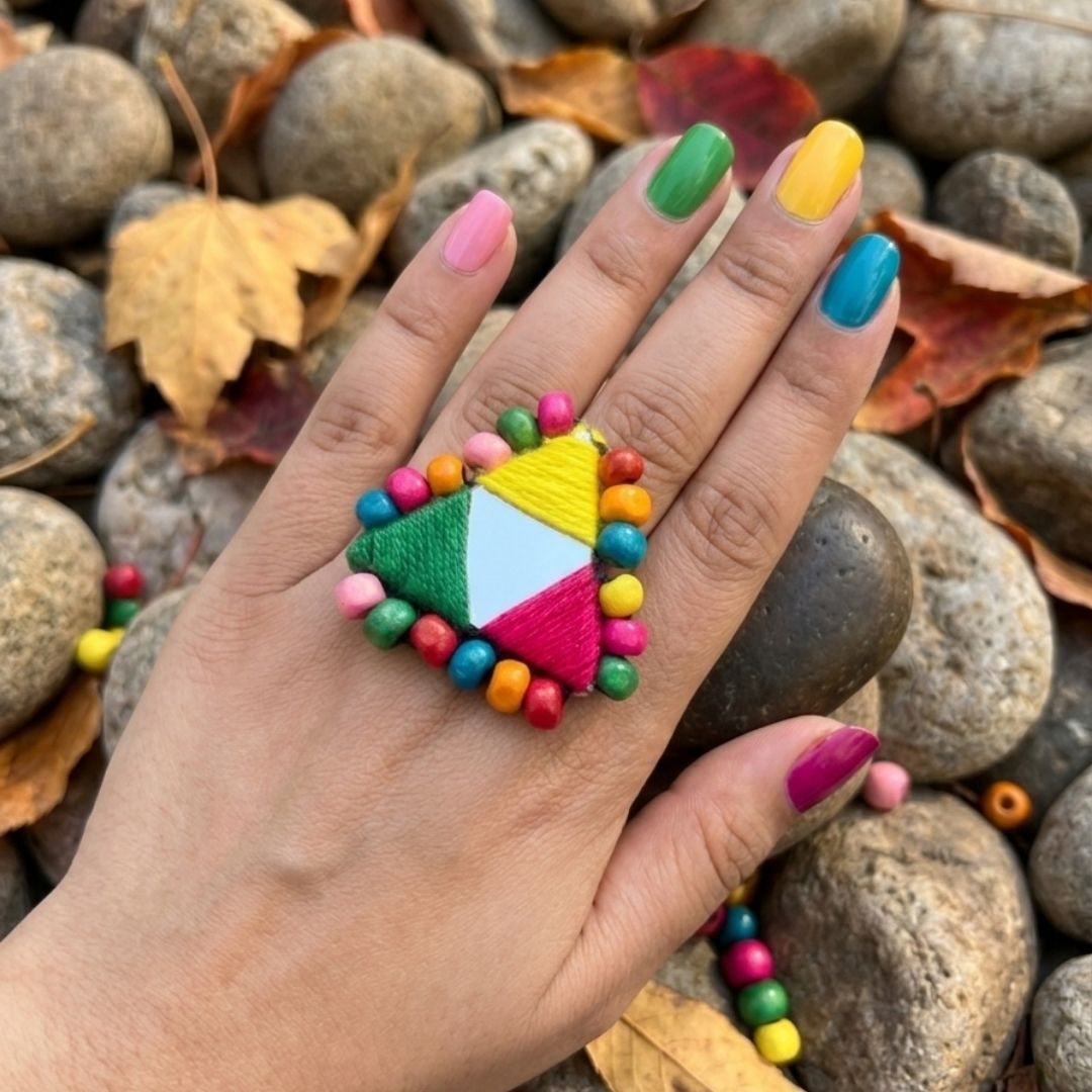 Handmade Multicolor Thread & Mirror Work Statement Ring