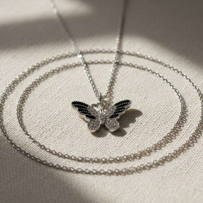 Silver Butterfly Pendant Necklace – Black & White Enamel