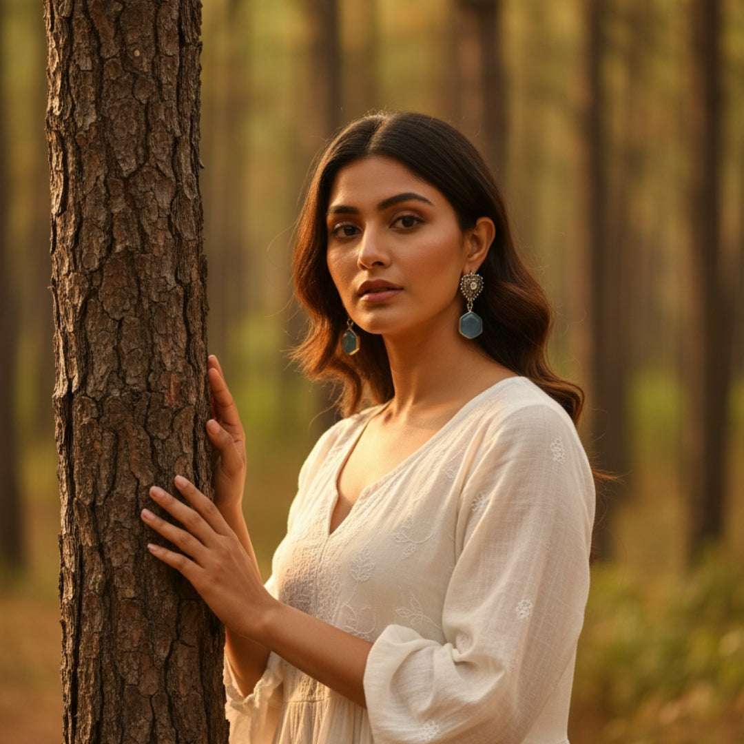 Antique Silver Heart & Aqua Drop Earrings