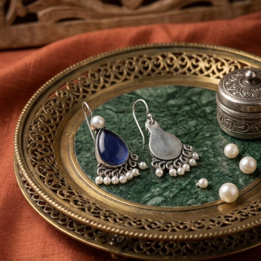 Royal Blue Stone & Pearl Drop Earrings in Sterling Silver