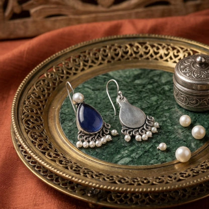 Royal Blue Stone & Pearl Drop Earrings in Sterling Silver