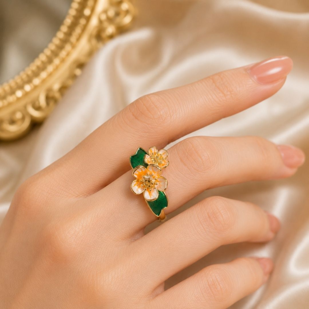 Elegant Enamel Blossom Floral Open Ring