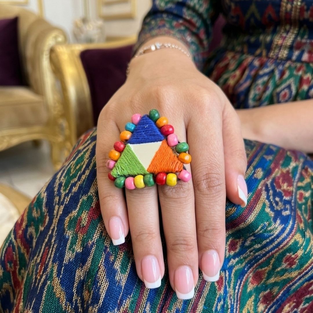 Handmade Multicolor Thread & Mirror Work Statement Ring