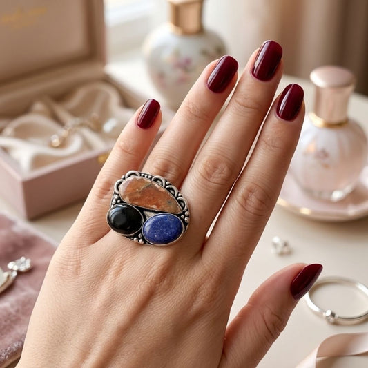 Bohemian Multi-Stone Statement Ring with Gift Box – Oxidized Silver