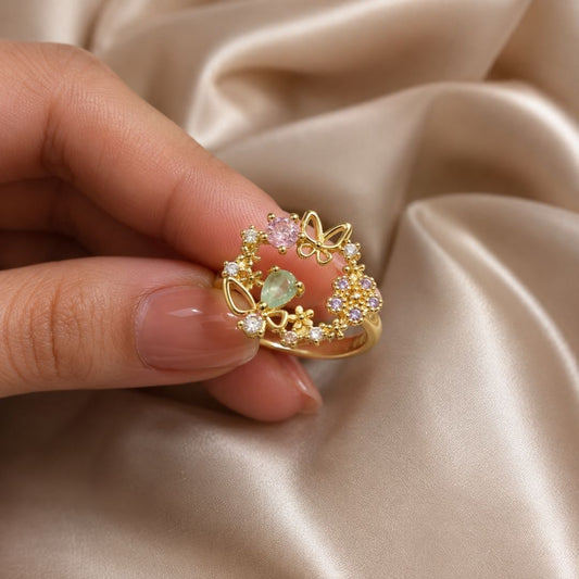 Enchanted Butterfly Floral Crystal Open Ring