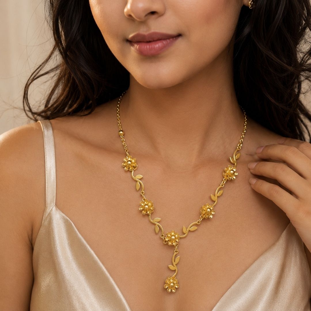 Elegant Gold Floral Y Necklace with Leaf and Flower Charms – Statement Jewelry
