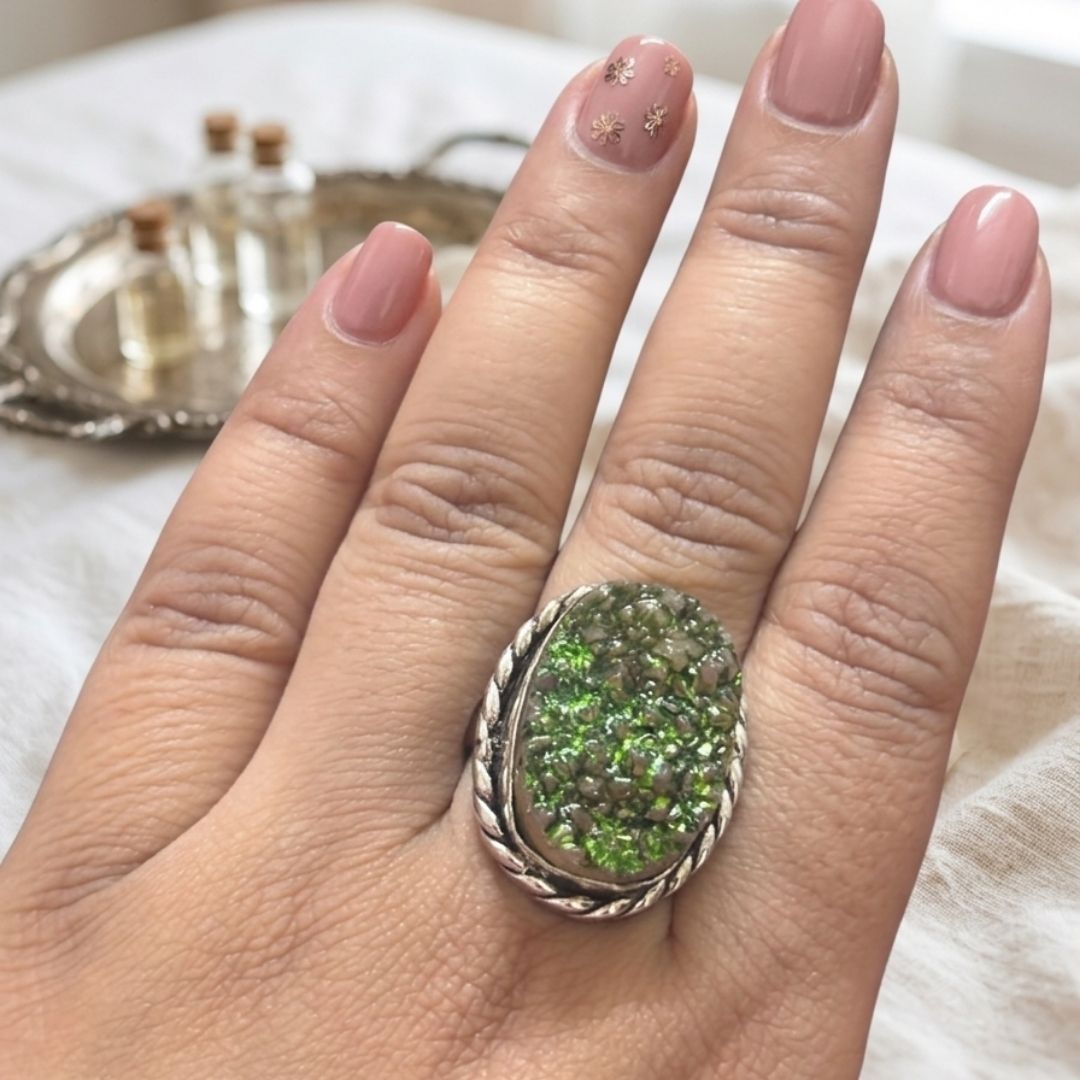 Oxidised Green Druzy Stone Ring – Bold Statement Design