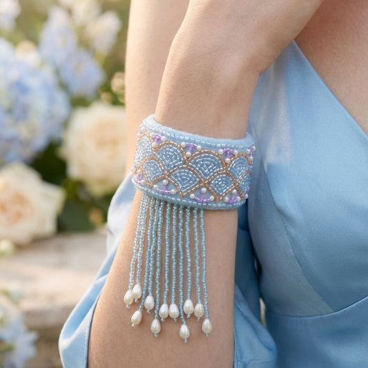 Sky Blue Beaded Handmade Bracelet with Pearl Tassels