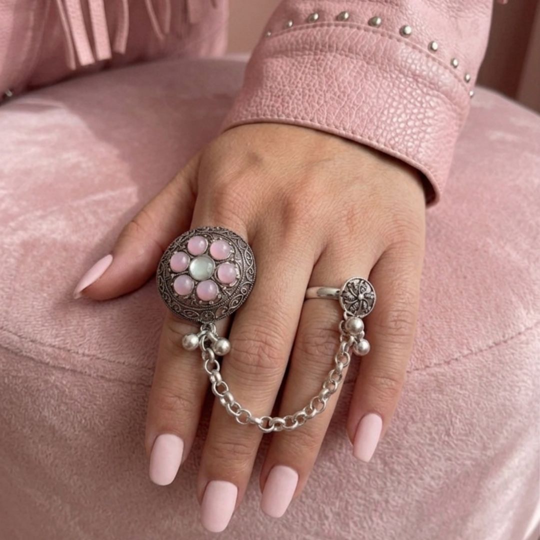 Oxidized German Silver kashmiri style Pink Stone Floral Chain Hand Harness Ring