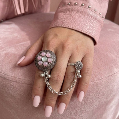 Oxidized German Silver kashmiri style Pink Stone Floral Chain Hand Harness Ring