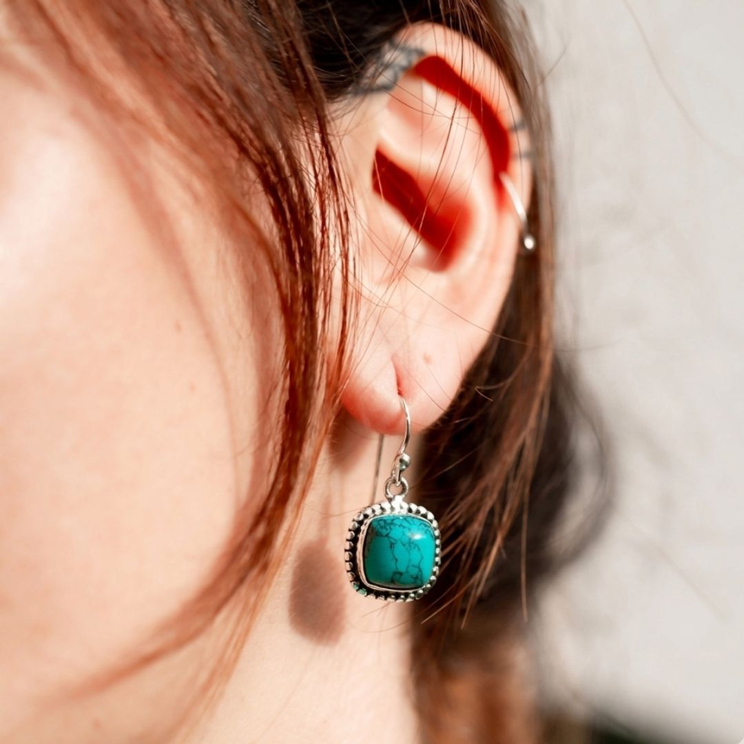 Turquoise Stone Drop Earrings – Boho Western Silver Tone Dangle Earrings