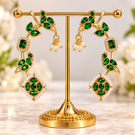Gold-Plated Contemporary Green Ear Cuff Earrings
