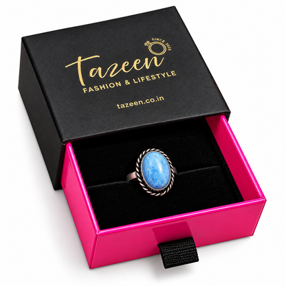 Oxidised Silver Blue Stone Statement Ring for Women