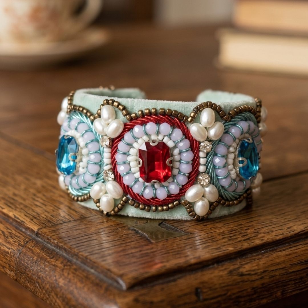 Handcrafted Beaded Statement Cuff Bracelet with Gemstone Accents