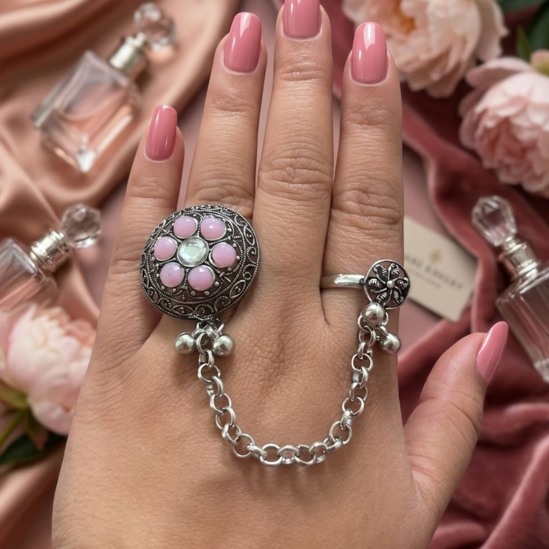 Oxidized German Silver kashmiri style Pink Stone Floral Chain Hand Harness Ring