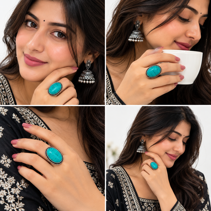 Oxidised Silver Turquoise Stone Statement Ring