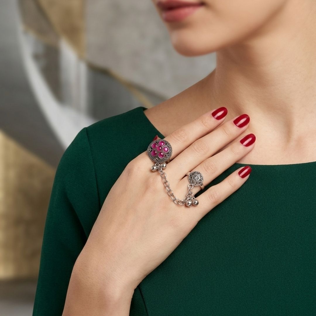 Oxidized German Silver Kashmiri-Style Pink Stone Floral Chain Hand Harness Ring
