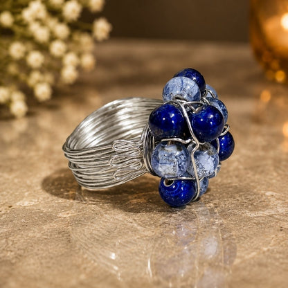 Handmade Blue Beaded Wire Wrap Cluster Ring