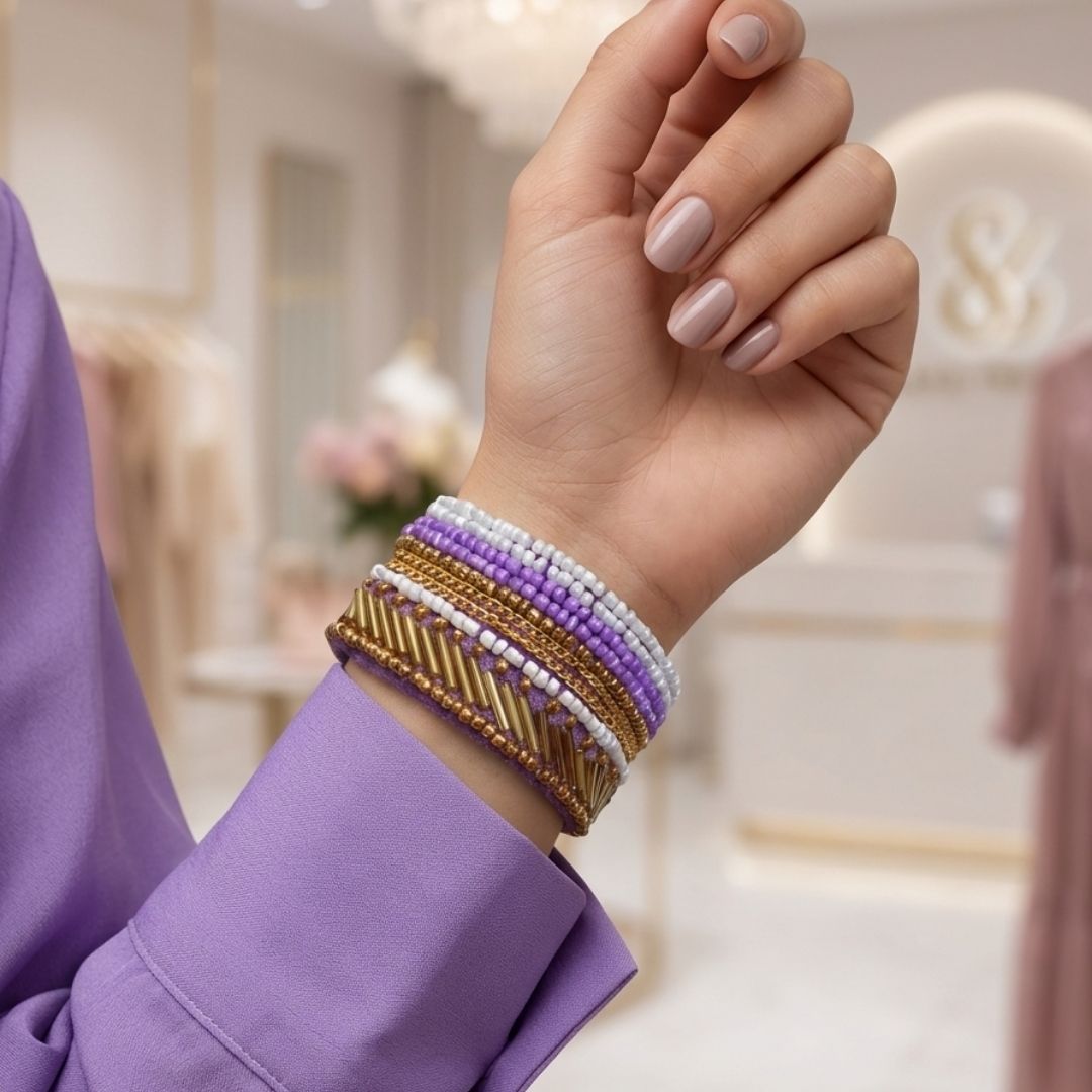 Lavender & Gold Beaded Statement Cuff Bracelet