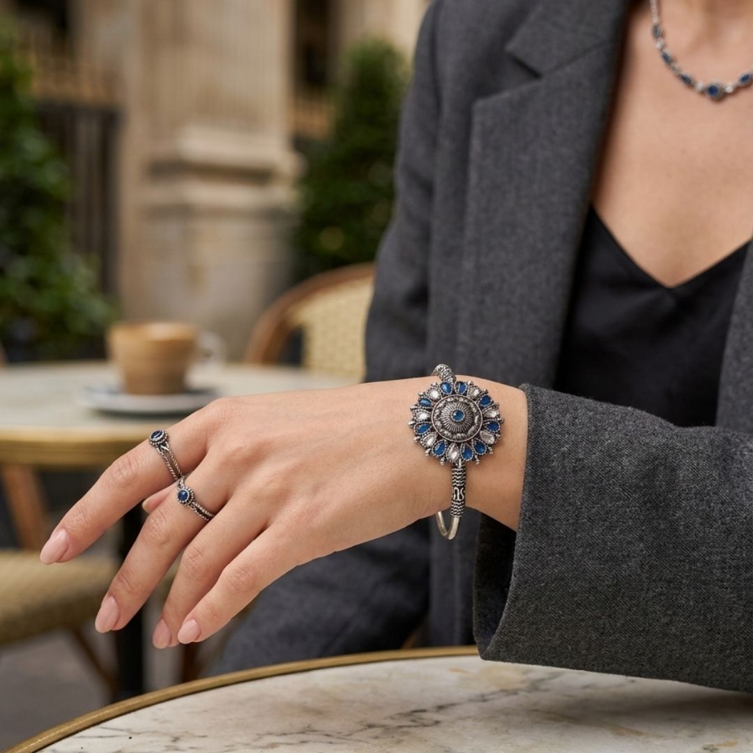 German Silver Sunflower Bracelet – Antique Oxidized Floral Bangle
