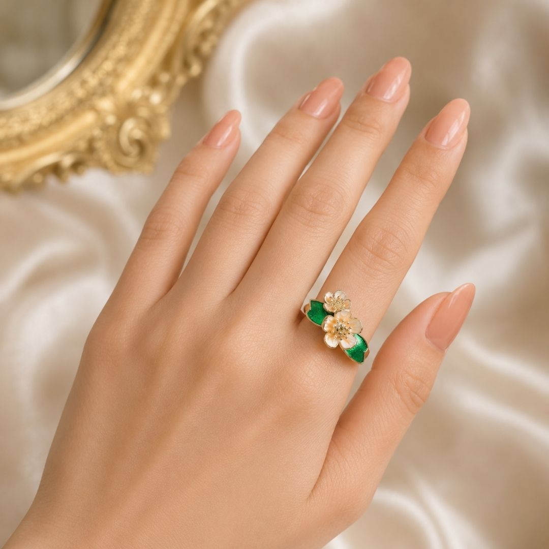 Elegant Enamel Blossom Floral Open Ring