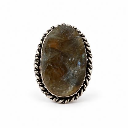 Oval Smoky Grey Druzy Statement Ring with Antique Silver-Tone Rope