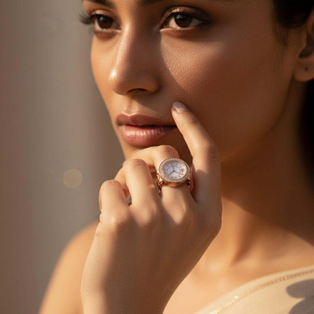 Rose Gold Crystal Finger Watch | Elegant Adjustable Ring Timepiece