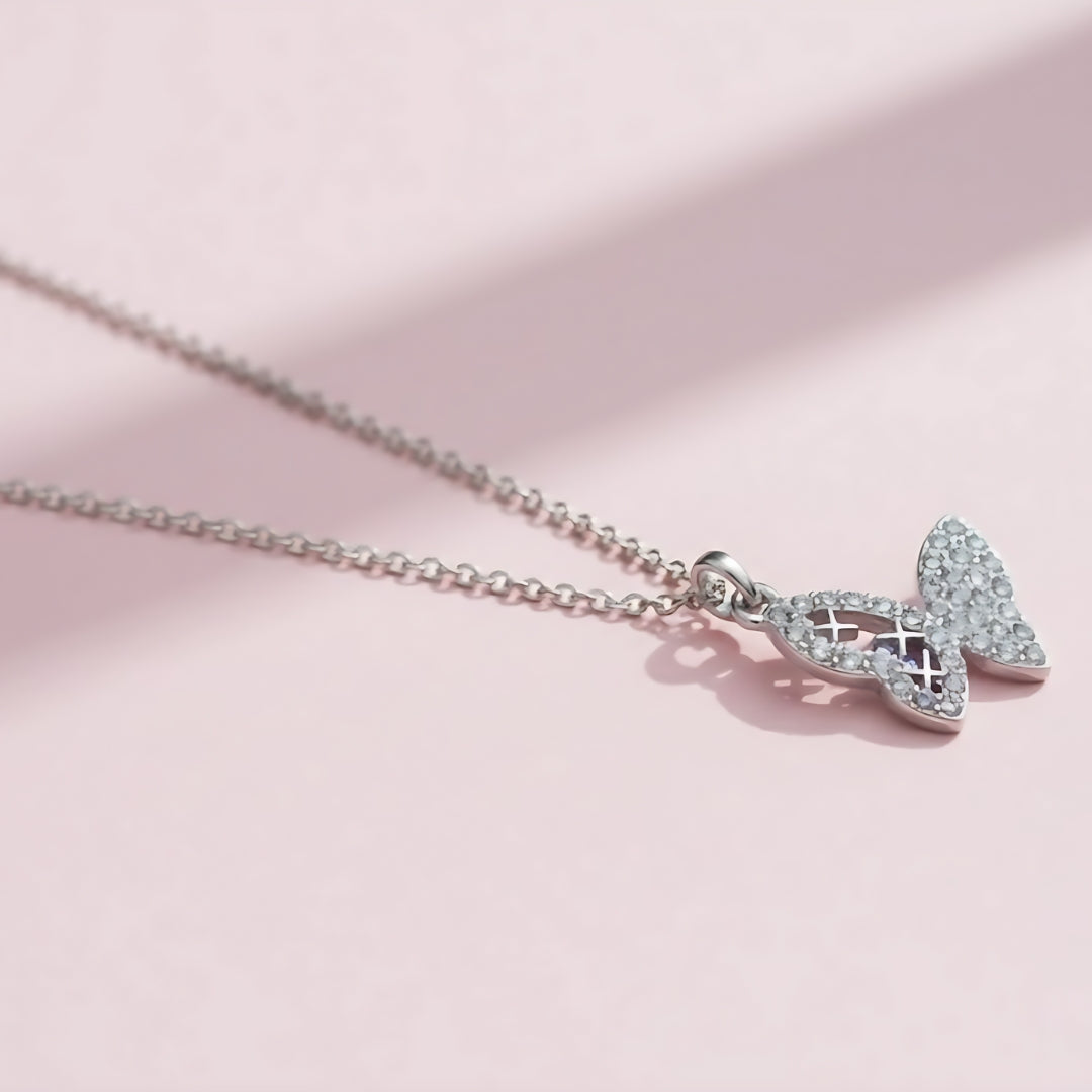 Silver Butterfly Pave Pendant Necklace – Girls Jewellery