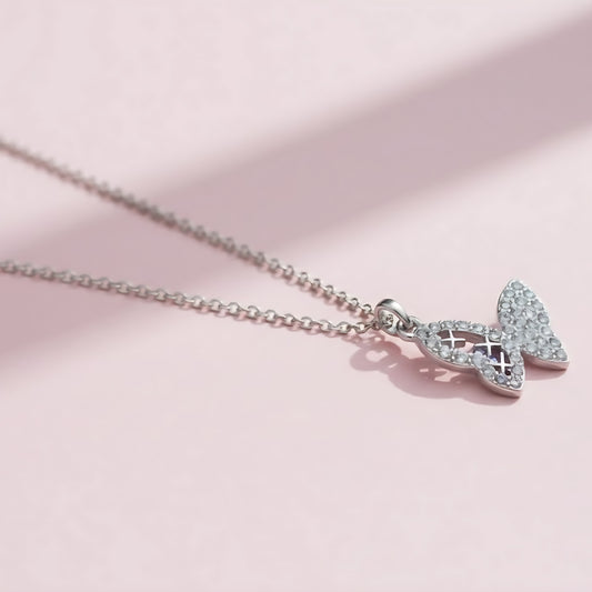Silver Butterfly Pave Pendant Necklace – Girls Jewellery