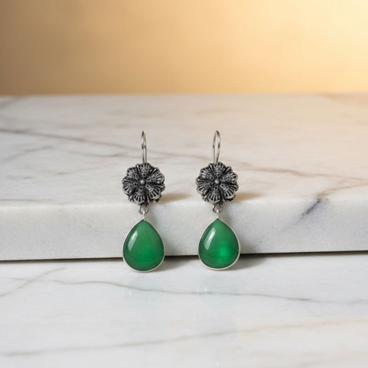 Antique Silver Floral Drop Earrings with Green Teardrop Stone
