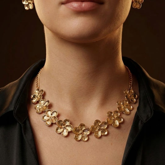 Gold Plated Floral Necklace Set with Earrings